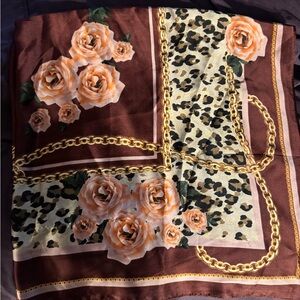 Studio Brown Satin Scarf with Peach Roses, Leopard Panels & Gold Chain